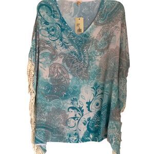NWT Reba Catfan Kimono Top Turquoise Silver Rhinestone Bling Crochet Lace Trim M